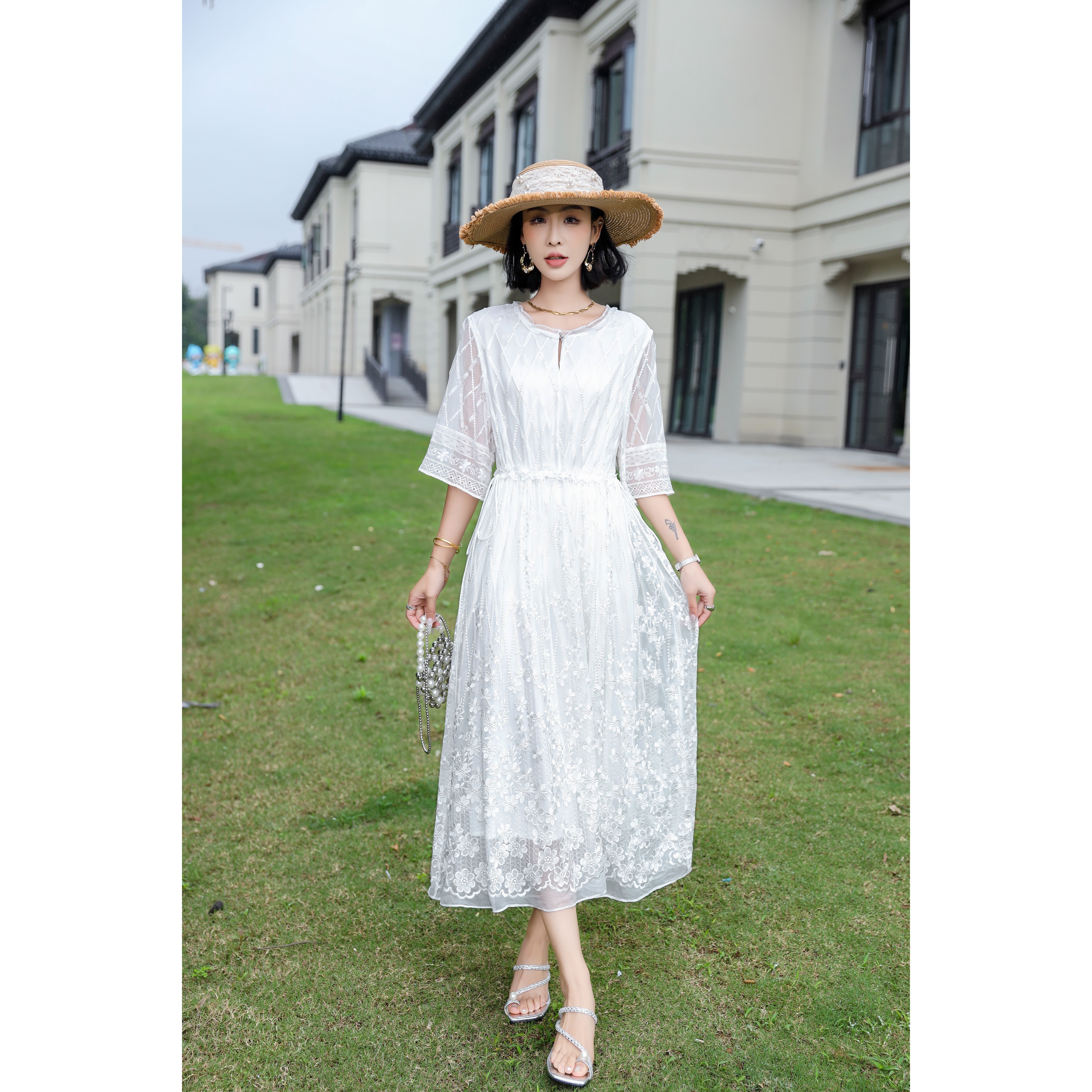 中长款白色洋气时尚春夏法式收腰女装连衣裙93810
