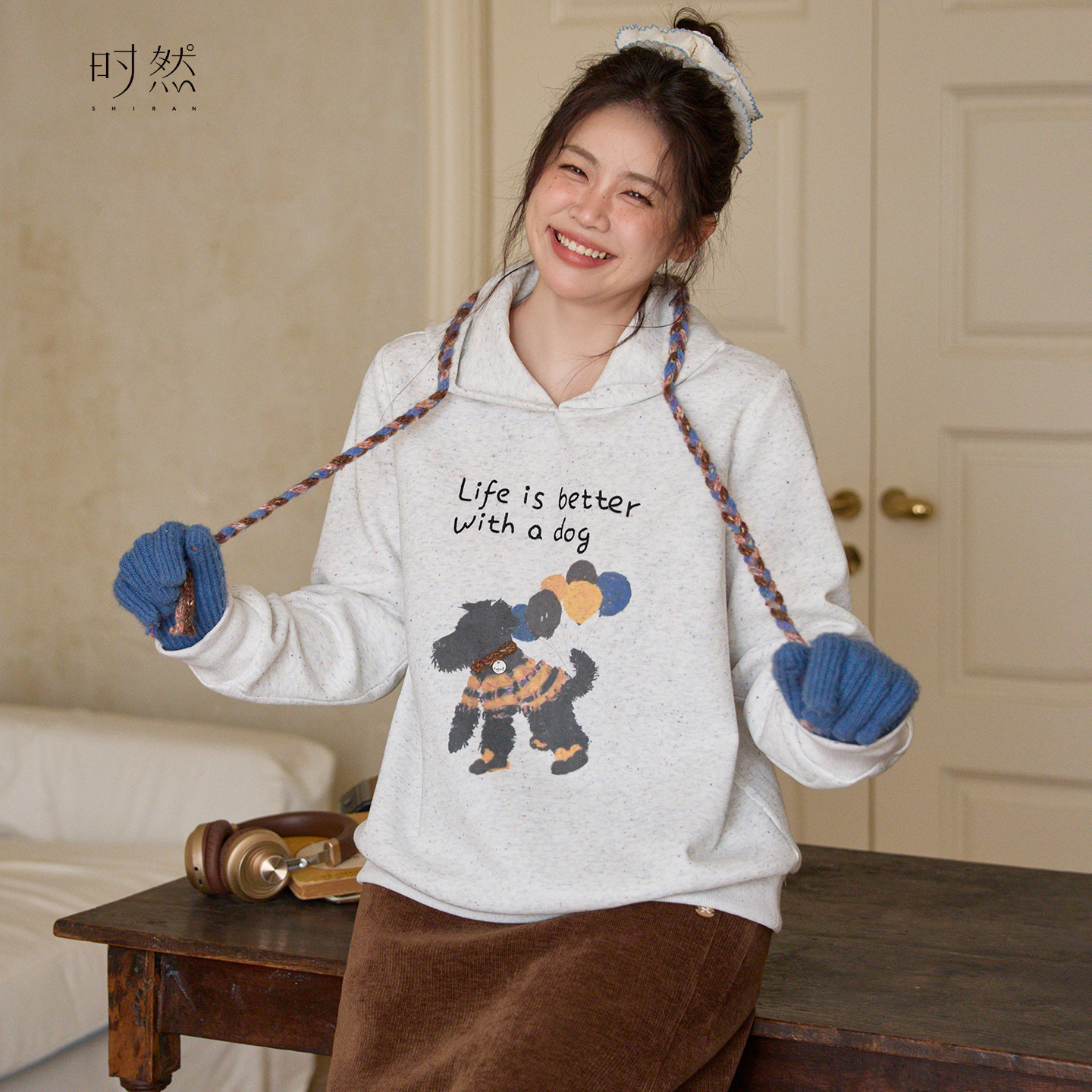 时然【手绘小狗】微胖大码女装连帽加厚款卡通印花时尚百搭休闲卫衣