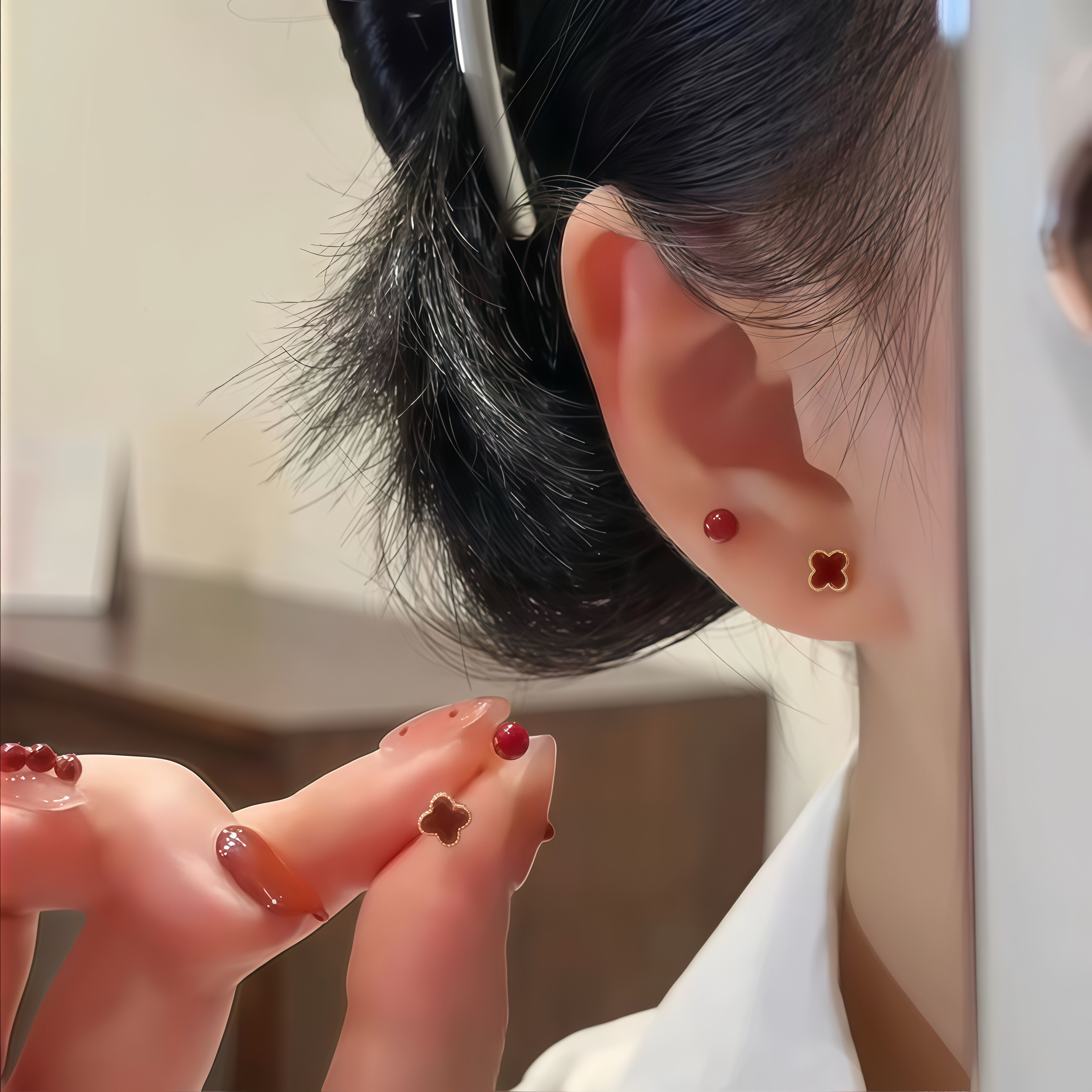 铜合金耳饰 小耳钉 双耳洞百搭红色小耳钉 幸运四叶草搭配相思豆
