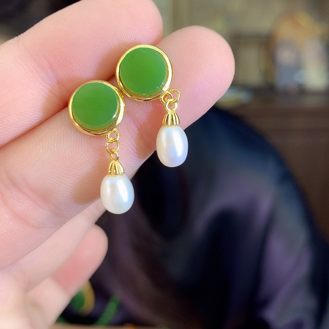 颈饰银S925镶嵌和田玉（碧玉）耳饰