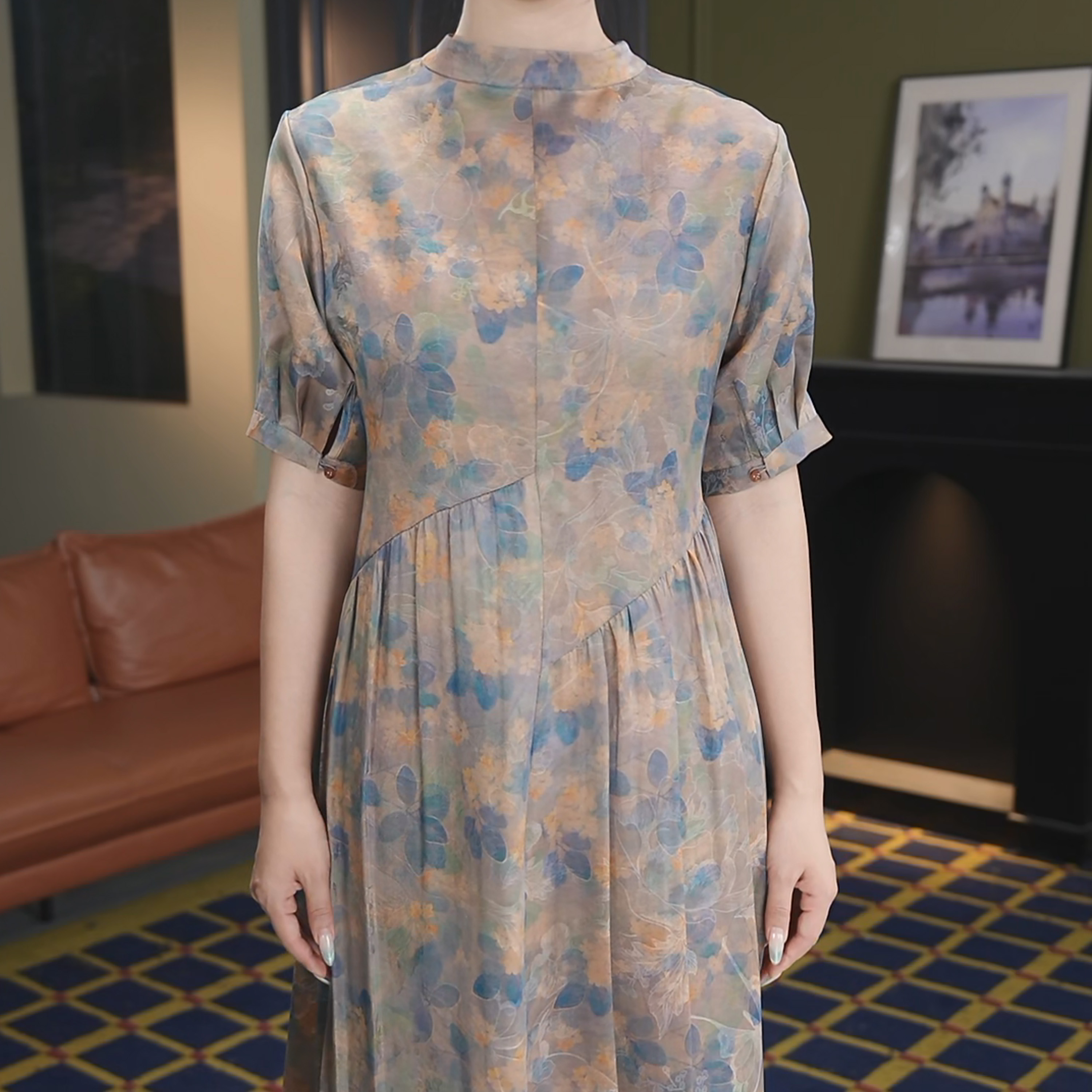 【栖夫人】2025春季新款时尚优雅休闲百搭重磅香云纱花罗连衣裙