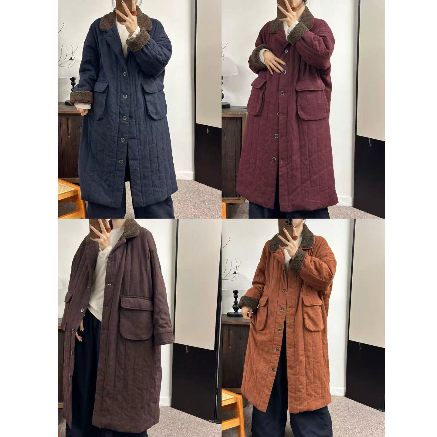 花汐语【诚淑】高品质 长款毛领 加厚亚麻棉服外套  气质女主