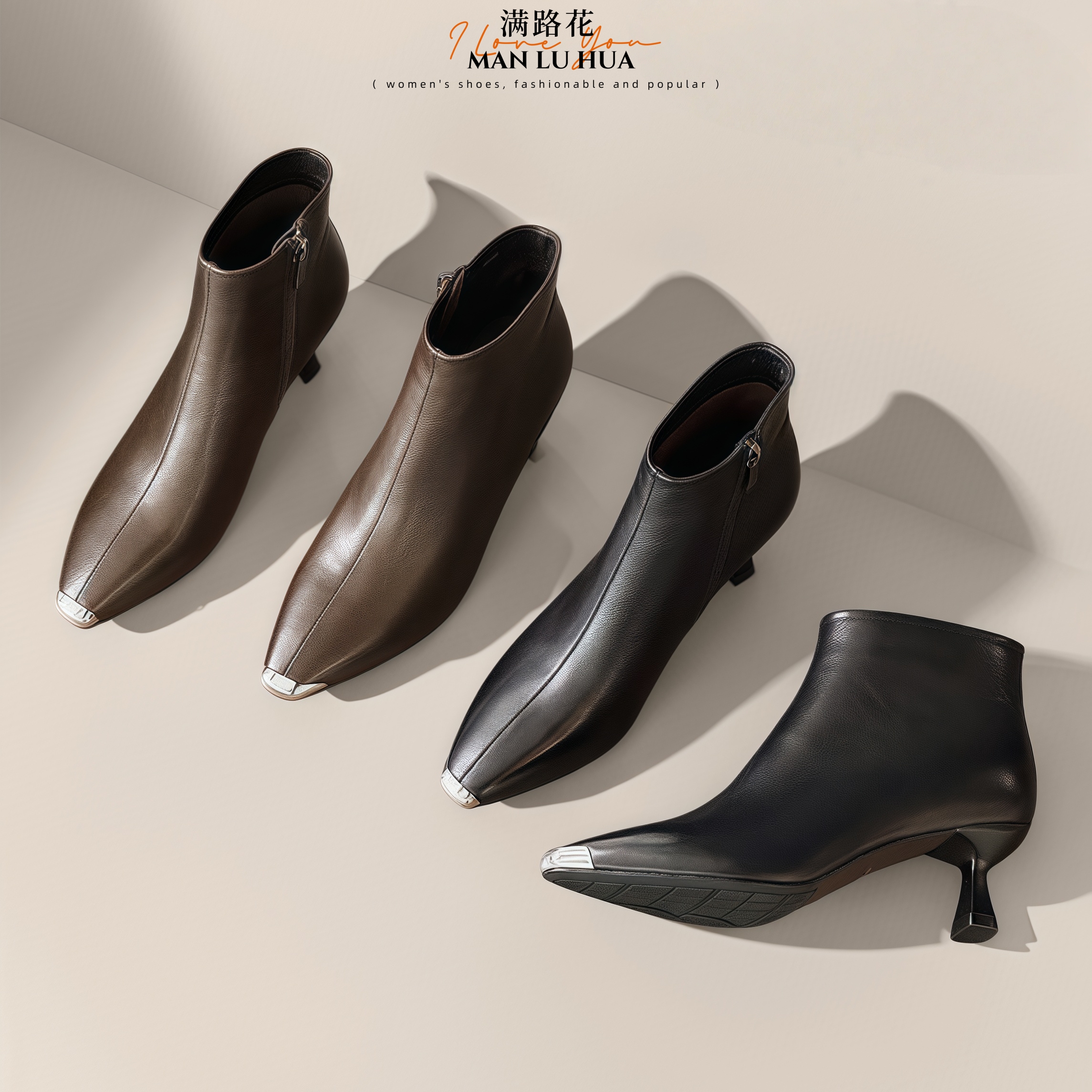 头层羊皮短靴女尖头细跟中跟软底时尚裸靴加绒冬季真皮气质百搭