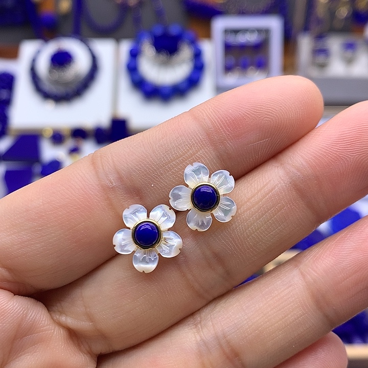 青金石银S925镀金镶嵌耳钉