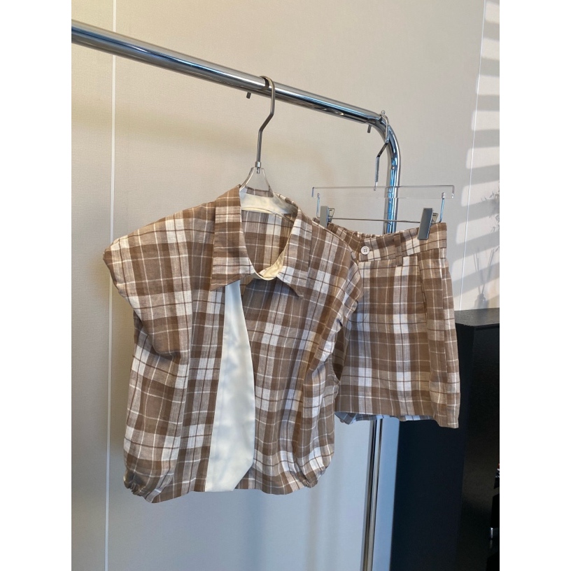 【MUMU】高级感复古格子亚麻无袖背心短裤套装