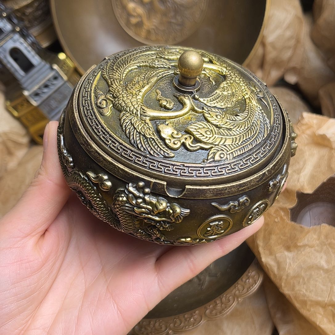 原矿风磨铜钱袋烟灰缸 