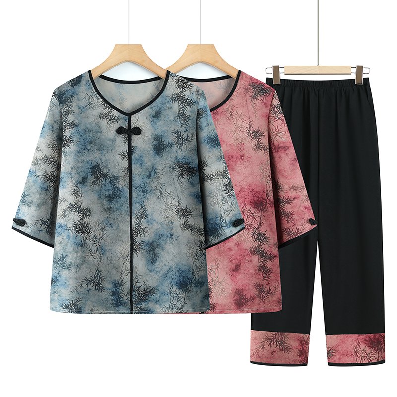 2521时尚妈妈装夏款短袖烫金花色洋气休闲套装中老年女薄款两件套