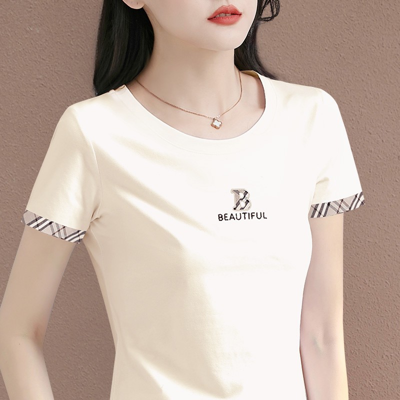 【精梳棉正肩洋气短袖】t恤女2025新款夏季爆款修身显瘦半袖上衣潮