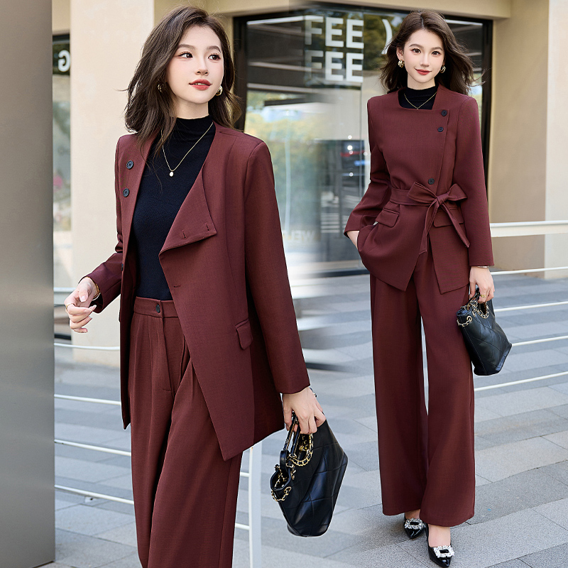 大码高端设计感职业西装套装女春秋胖mm时尚方领西服阔腿裤两件套