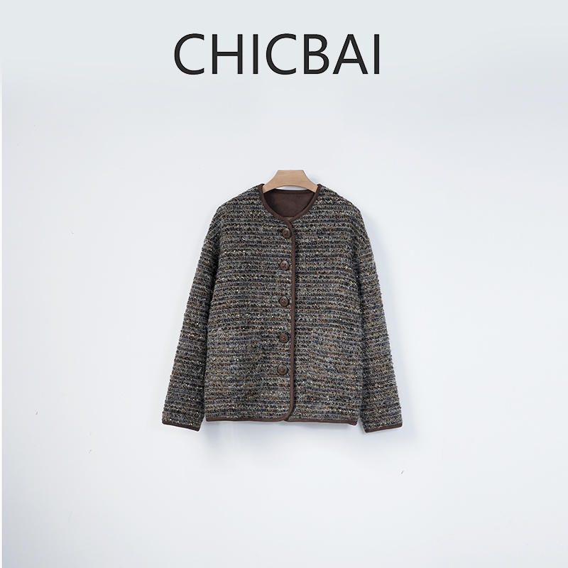 CHIC白 重工编织花纱复古香风色织毛呢外套