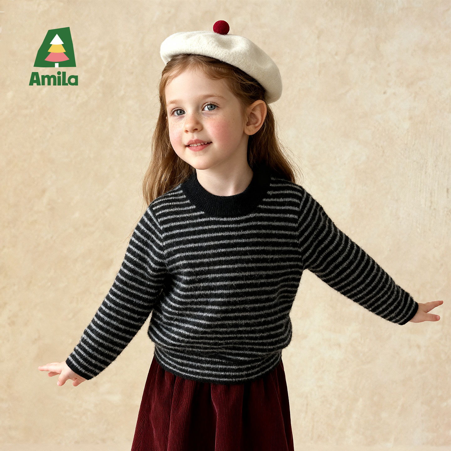 Amila啊咪啦2025冬季新款条纹纯色百搭儿童毛衣针织衫XD5MY526