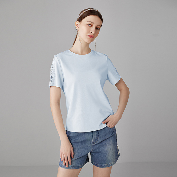 【媛媛专享】朝峰浅蓝蕾丝拼接T恤FJF1B629-6170B