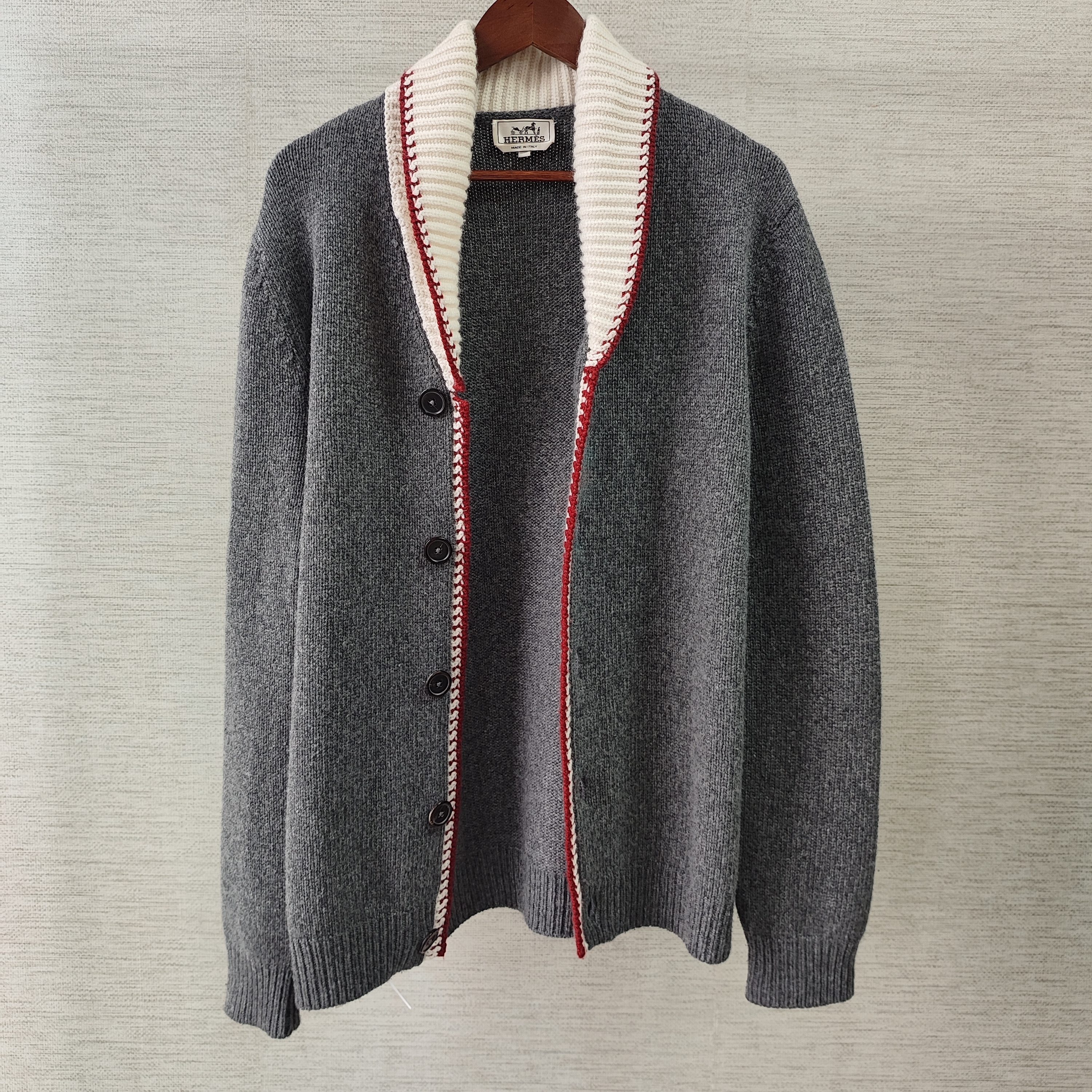 99新 Hermes/爱马仕 灰色羊毛针织开衫/XXL码/Sw24442