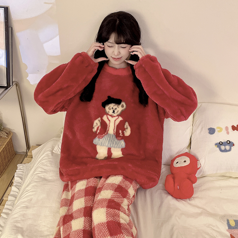 圣诞哪吒动漫款秋冬新款睡衣套装珊瑚绒女款冬季加绒加厚家居服