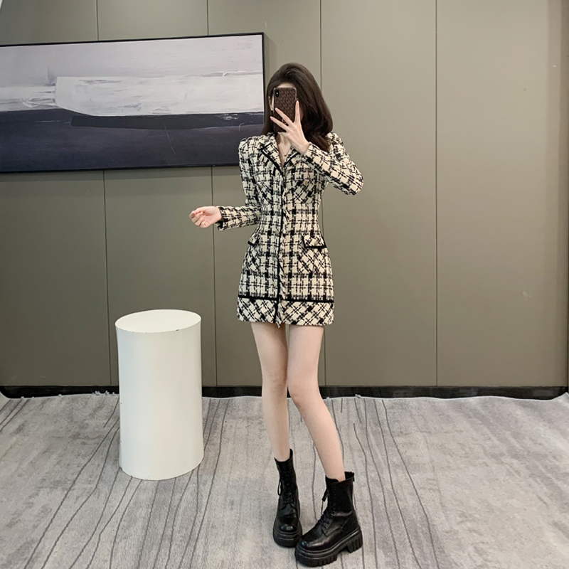 小香风千鸟格粗花呢西装连衣裙女秋冬季高级感气质收腰毛呢短裙子