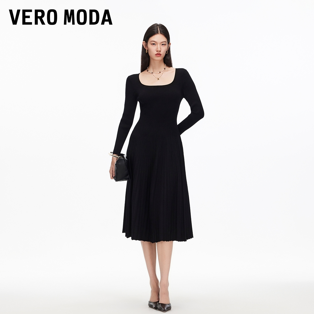 Vero Moda连衣裙2025秋季新大圆领收腰修身显瘦针织裙松弛感百搭