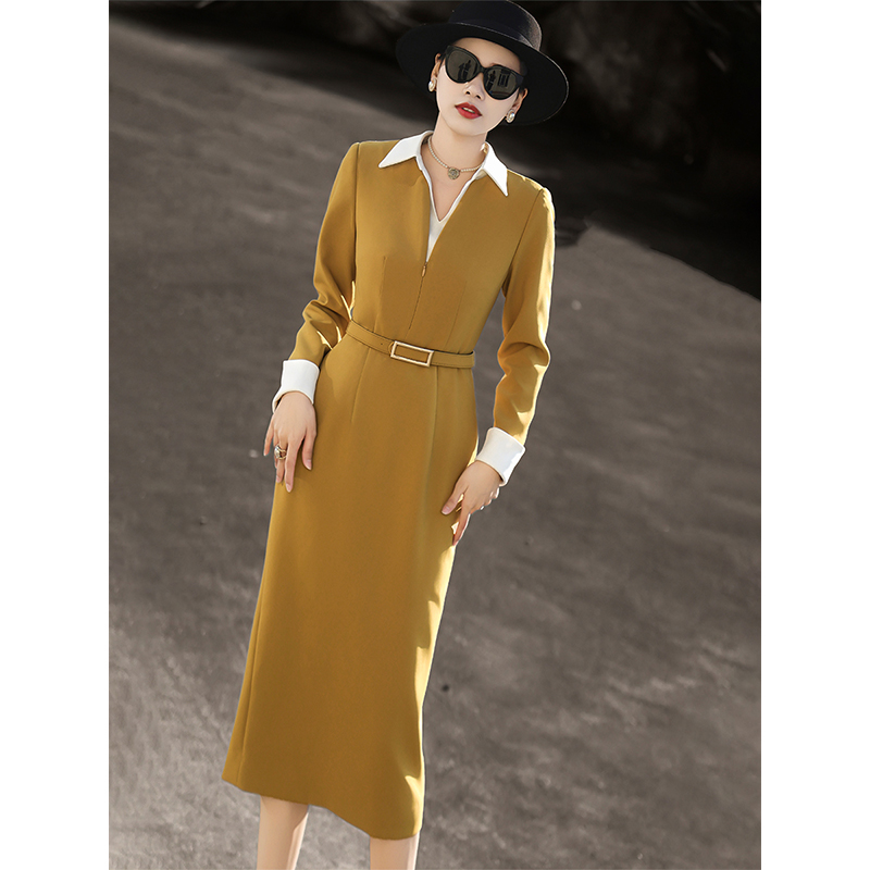 MEXCOCO/兰瑟儿气质显瘦西装裙撞色衬衫领长袖连衣裙104QL2262