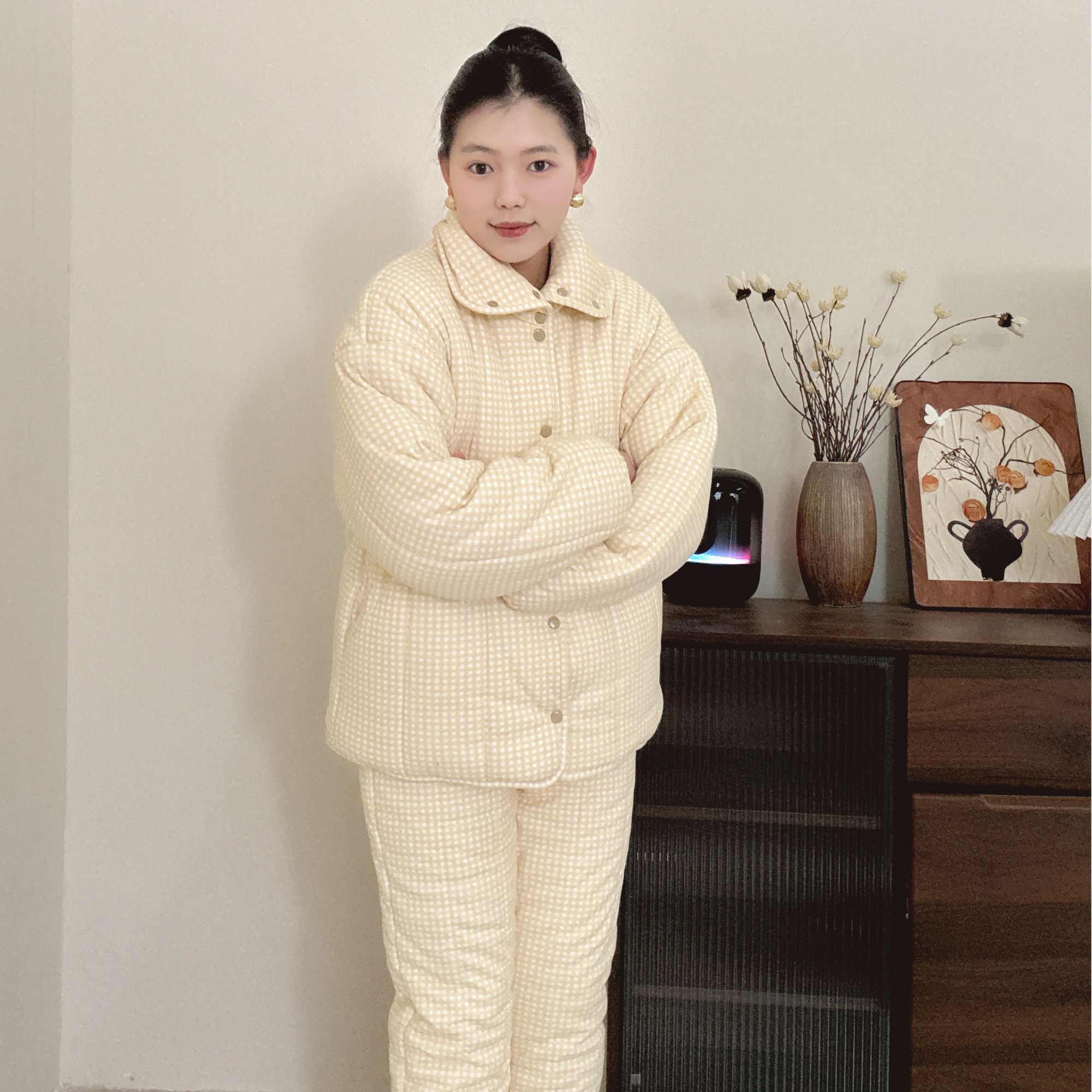 【黄色格子】300g厚度加厚套装冬季保暖家居服棉衣棉服睡衣