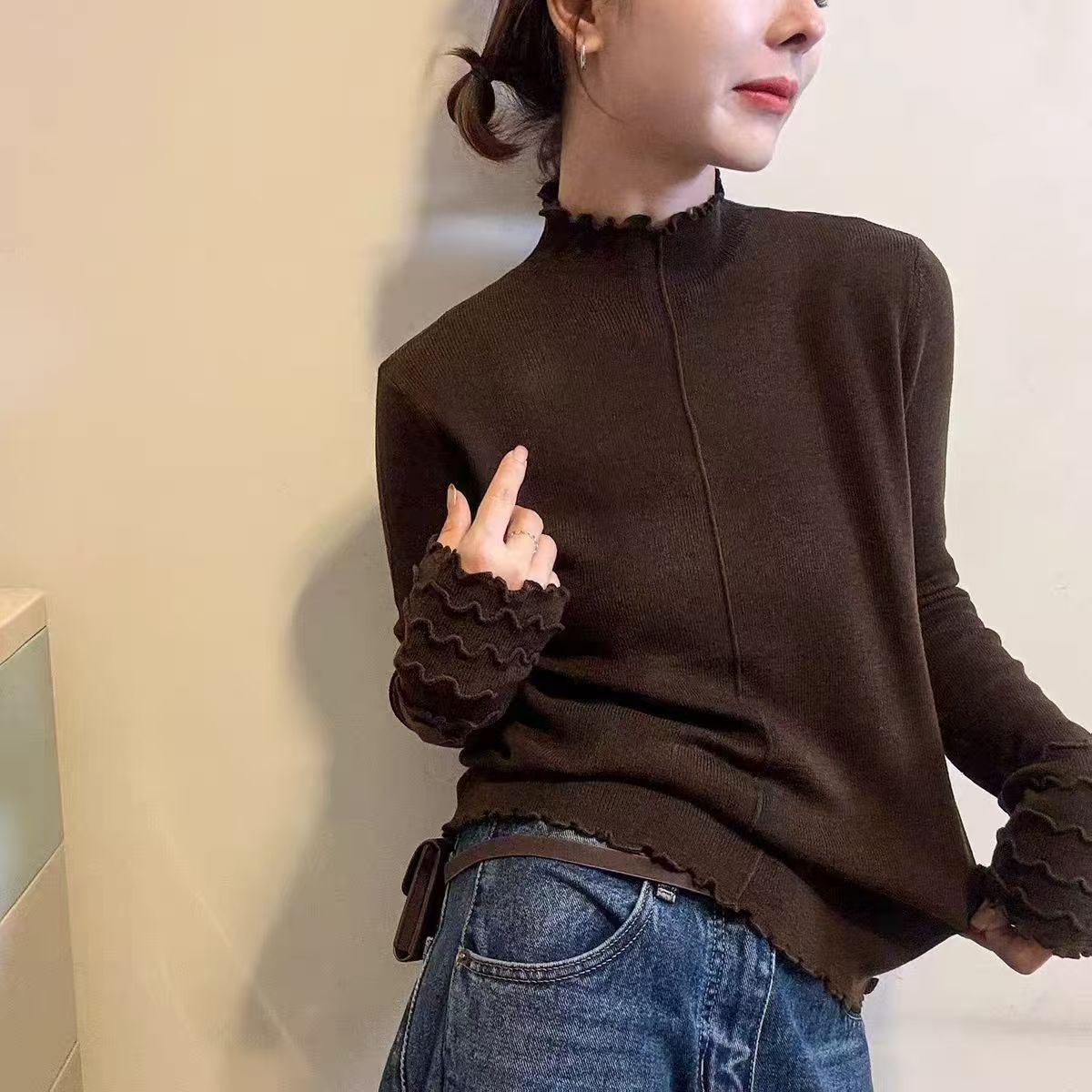 慕斯绒中线鱼骨麻花袖