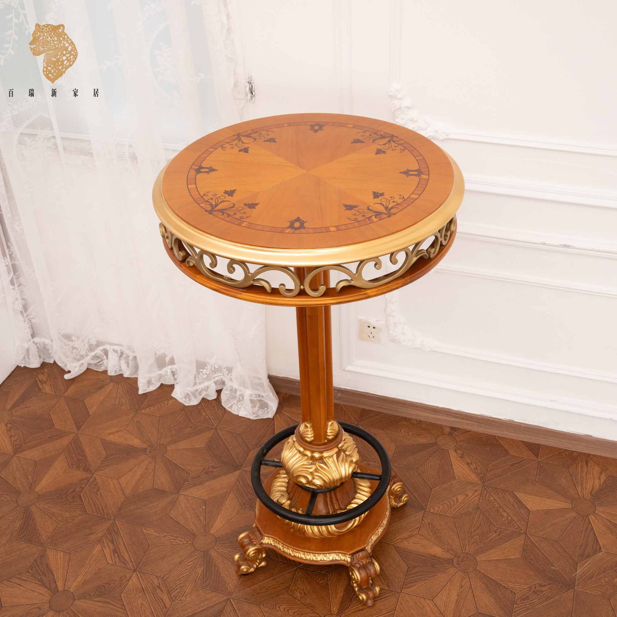 百瑞新欧式实木手绘围铜边茶几家用客厅玄关彩绘小圆桌-BRX1617