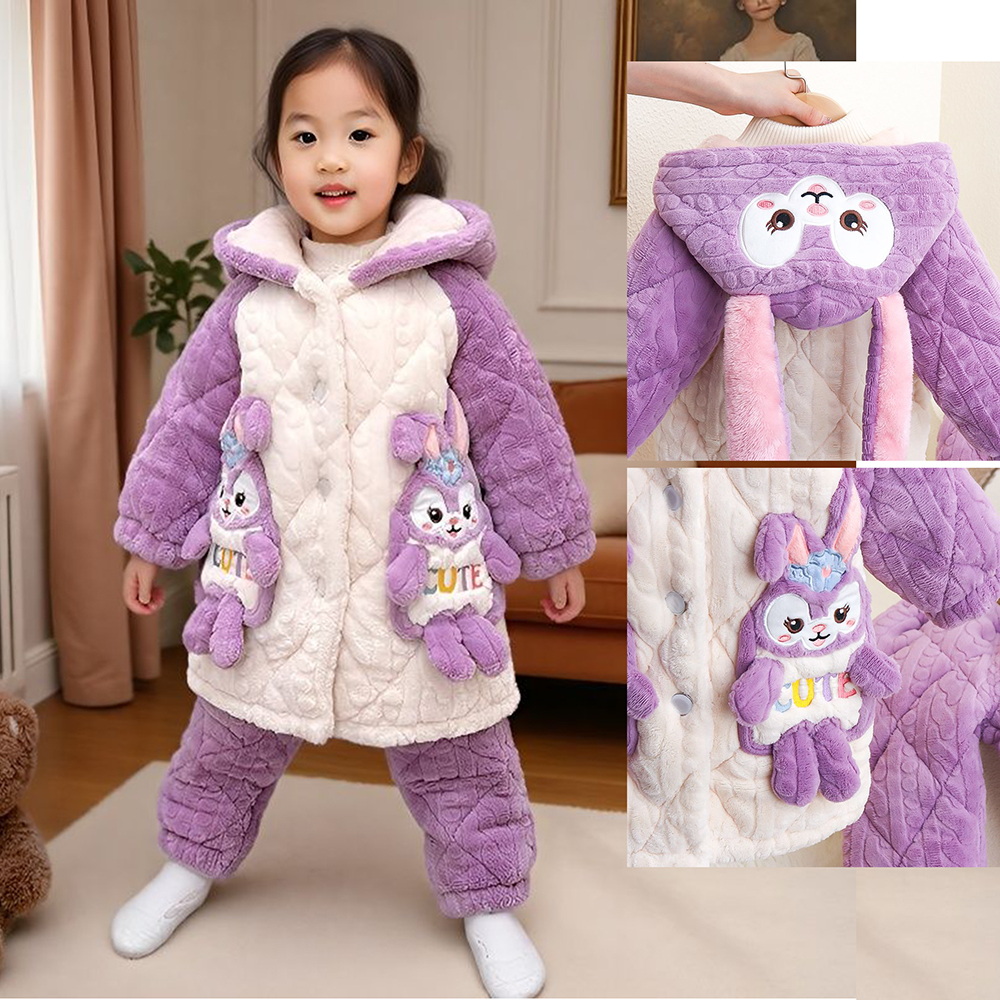 儿童家居服秋冬女童宝宝连帽三层夹棉女孩加厚保暖法兰绒睡衣套装
