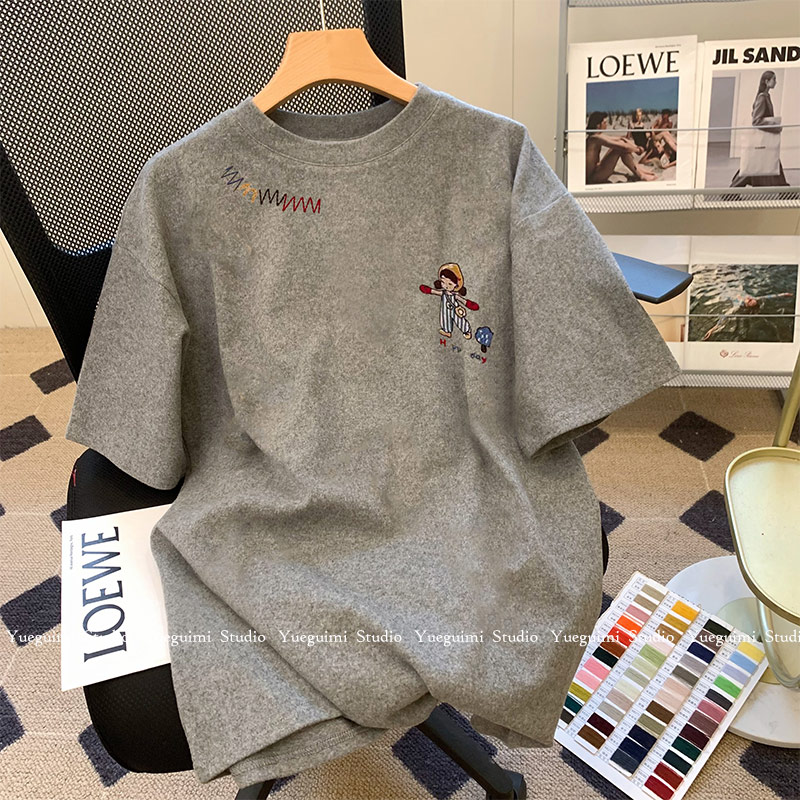 欧货胖妹妹大码磨毛灰色短袖t恤女2025新款洋气宽松休闲半袖上衣