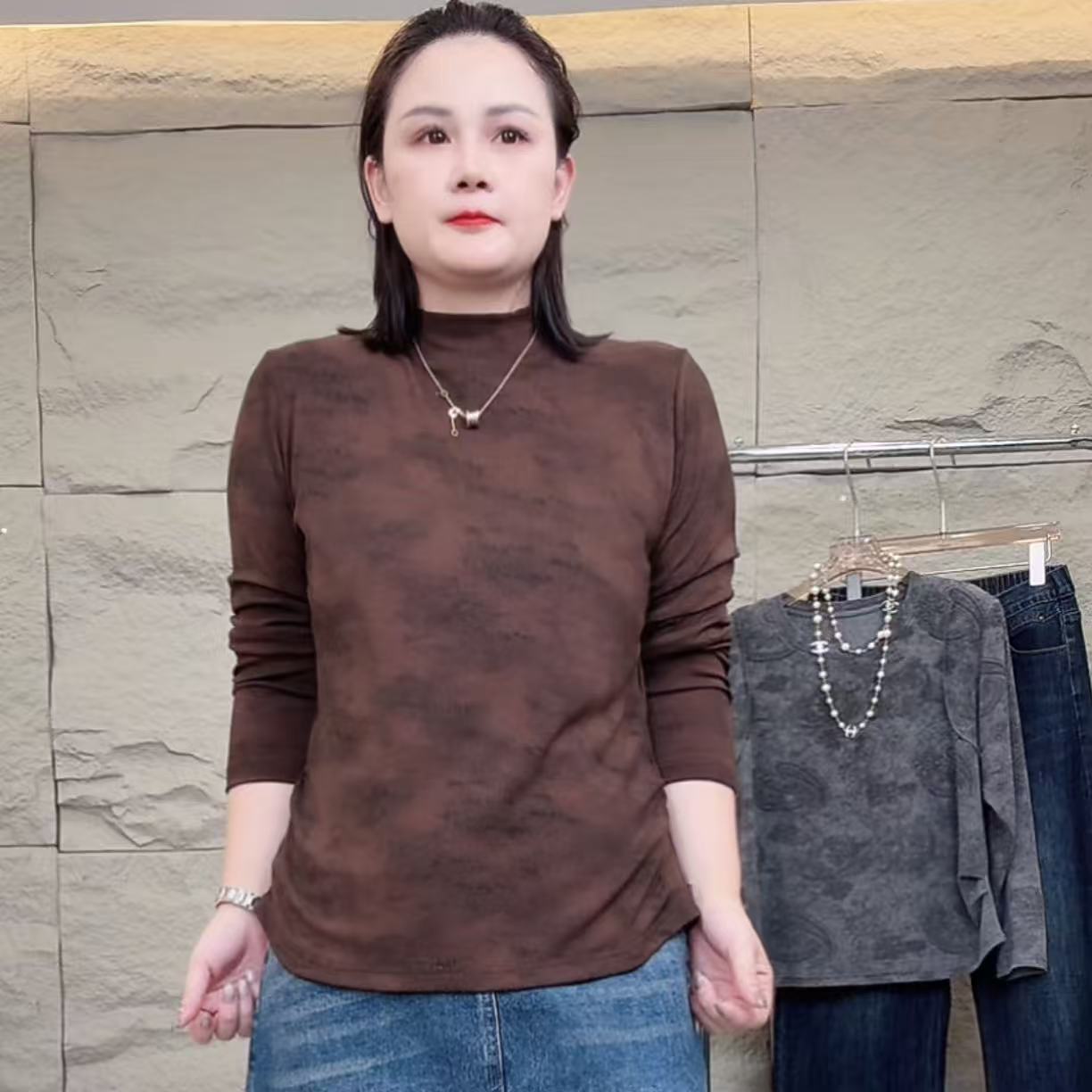 【特价】3彩色印花扎染长袖T恤女洋气褶皱显瘦内搭时尚洋气百搭上衣