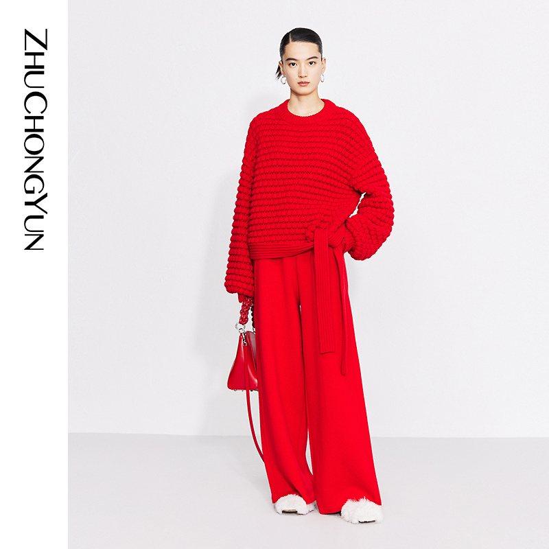 ZHUCHONGYUN2022冬季新款垂坠感阔腿休闲长裤C1CX4843M