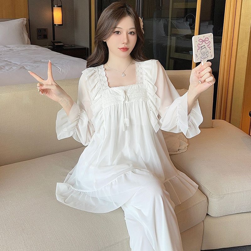 法式高级感网纱睡衣女春夏薄款甜美长袖可爱公主风柔软家居服套装
