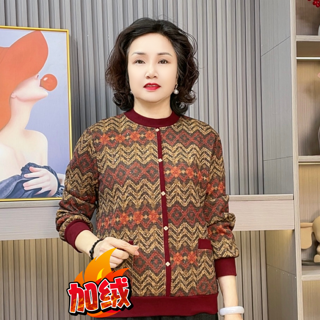 厚款长袖条纹休闲风中老年女装百搭宽松小衫圆领妈妈装上衣口袋
