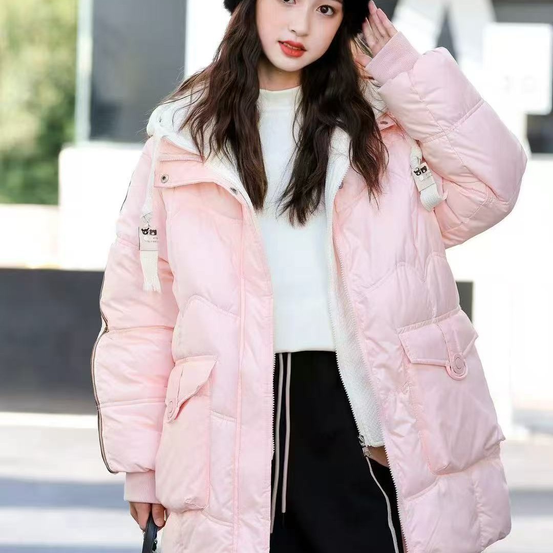 短款宽松韩版女冬季加厚保暖外套小个子女童中长款连帽