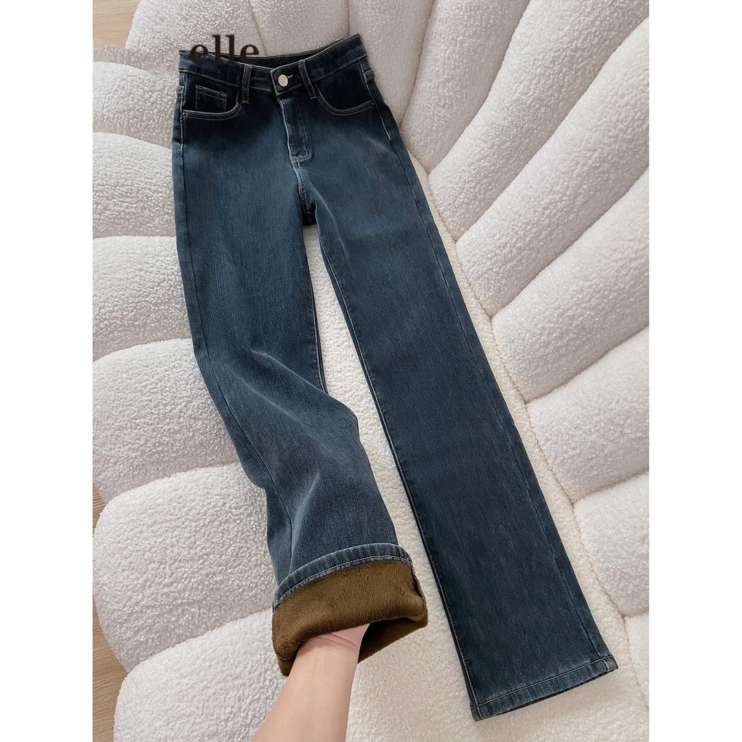 雪千羽加绒加厚直筒牛仔裤女2025秋冬季高腰显瘦窄版小个子烟管裤