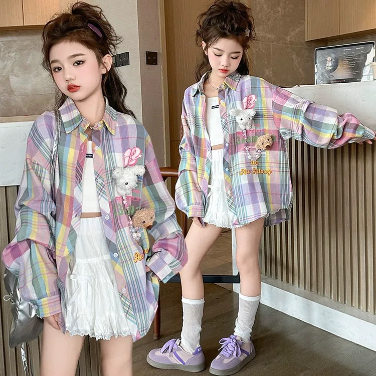 【断码清货】2025春韩版带链玩偶彩色格子衬衫 D165 165 R