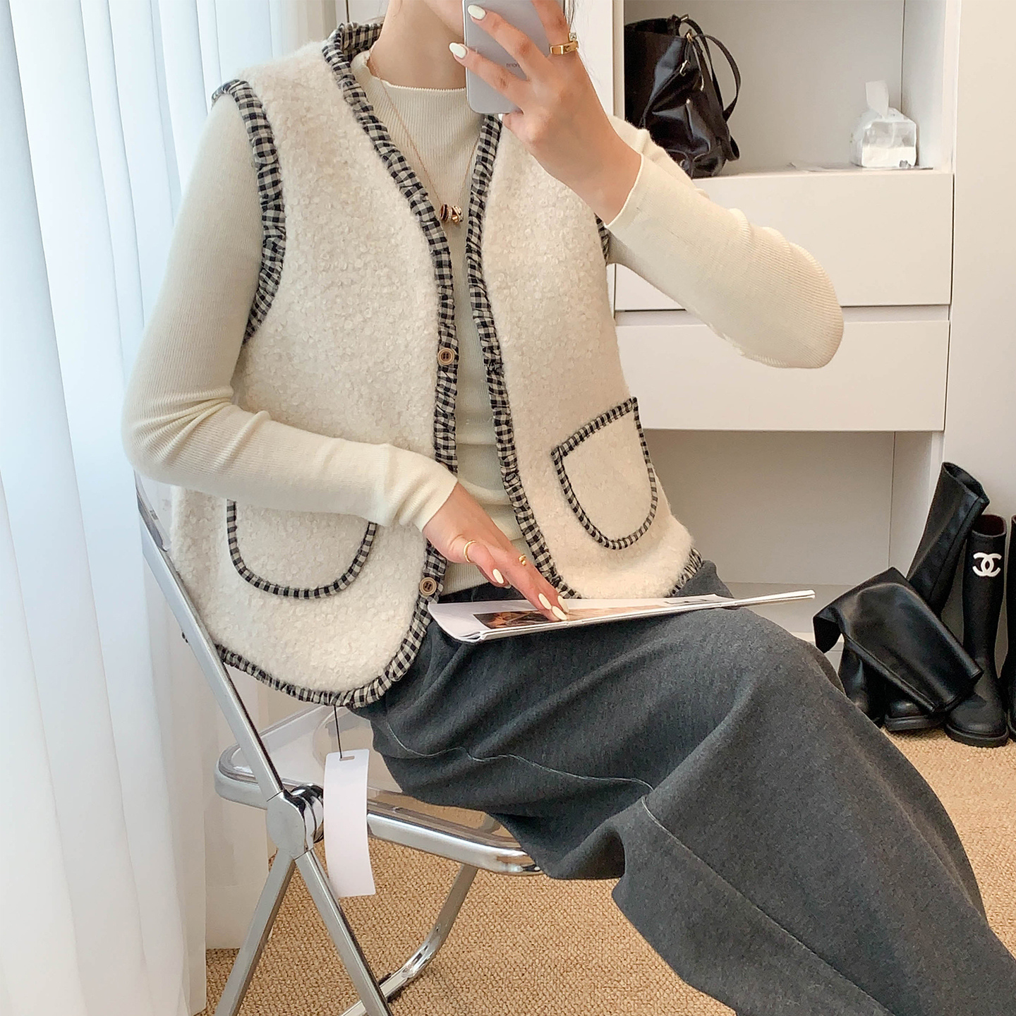 INS风！百搭厚实保暖~V领圈圈毛格子抽褶拼色无袖背心棉马甲