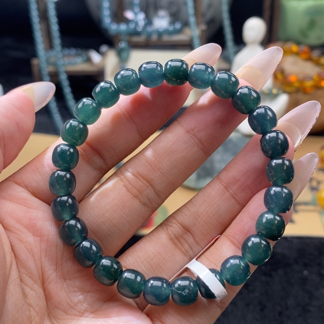 翡翠未镶嵌手串卡7.8mm墨蓝绿26颗墨蓝绿有色根福利款