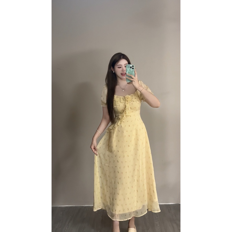 现货-白七七微胖二店【黄玫瑰.连衣裙】碎花雪纺收腰连衣裙 L1127