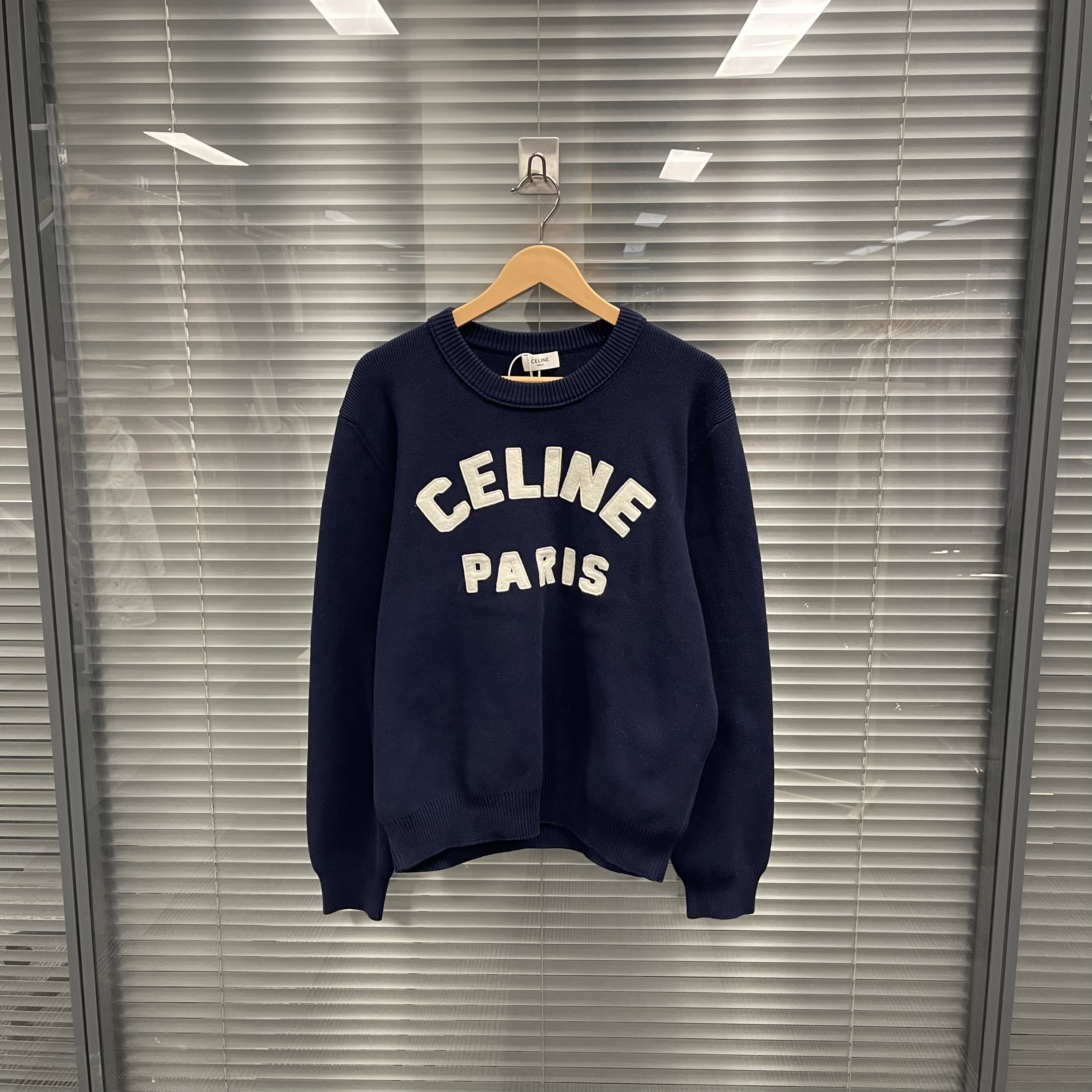 99新 Celine/思琳 贴布毛衣藏蓝色纯 L码 #10222