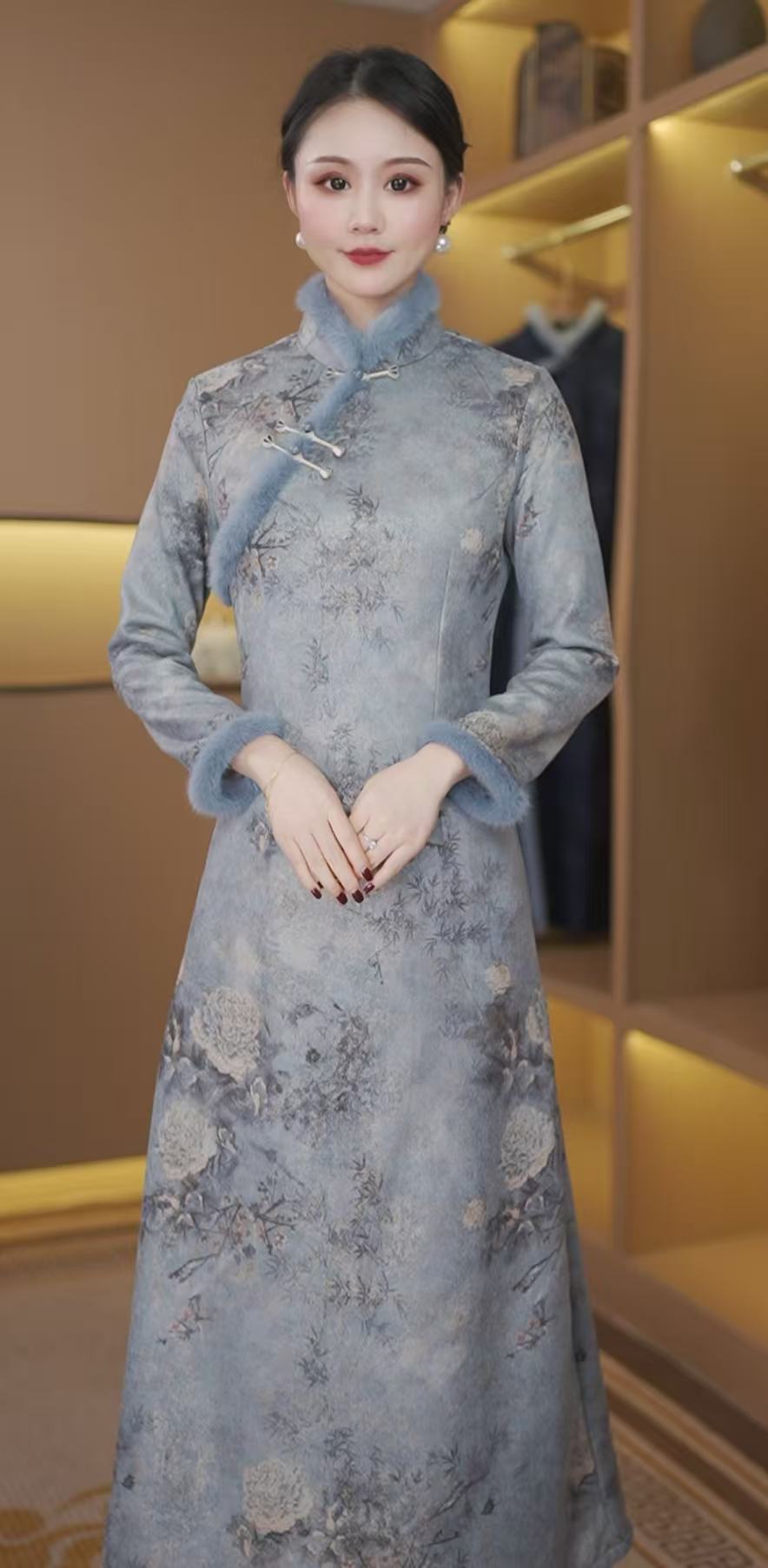 云昭 冬季加绒毛领新款优雅气质文艺日常奥黛改良旗袍