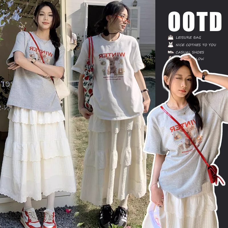 【酥酥】孕妇套装短袖T恤白色刺绣花边蛋糕裙a字半身裙两件套