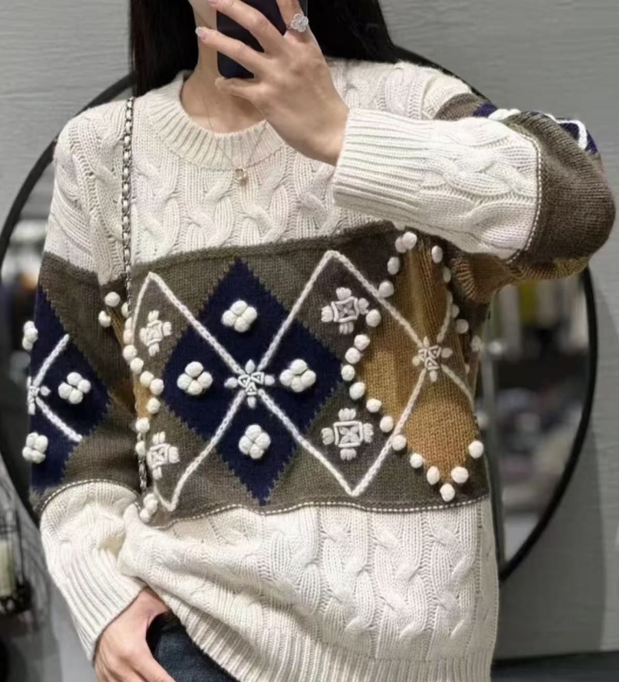 秋冬新款提花格子山羊绒衫女圆领宽松套头针织衫拼色减龄打底6767