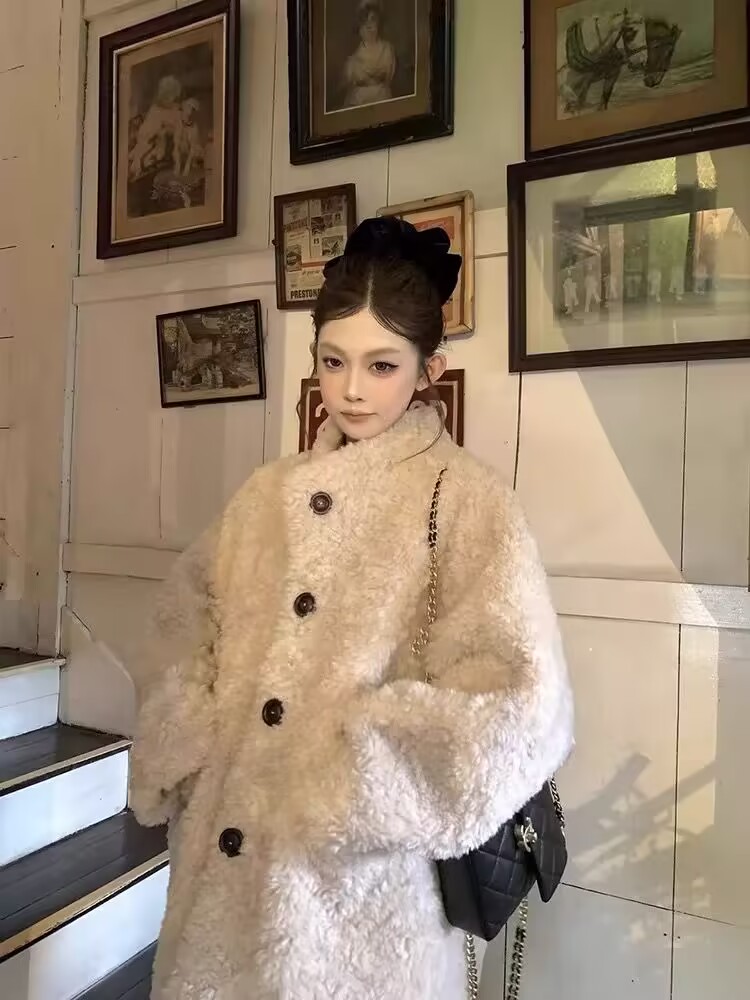 慵懒雪松廓形环保仿羊羔毛皮毛一体女秋冬加厚中长款毛毛外套