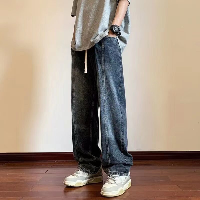 默认（瑕疵）男装夏季直筒休闲百搭复古小脚松紧老爹破洞长裤九分裤