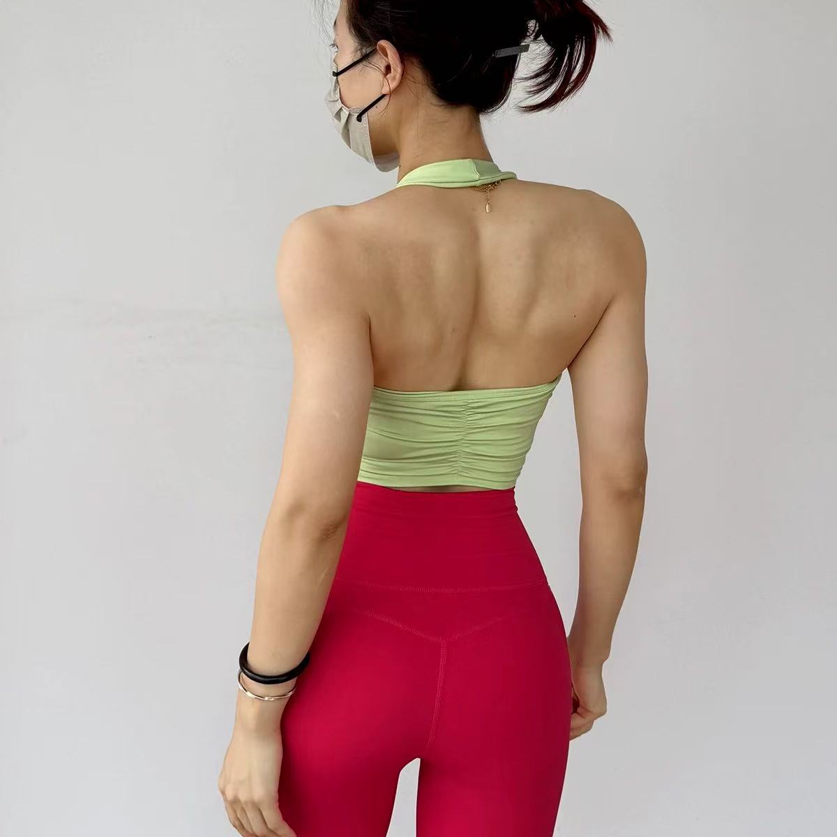 性感挂脖带胸垫美背运动背心女褶皱聚拢防震速干露背运动文胸外穿