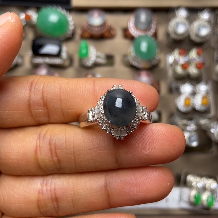 翡翠合金戒指翡翠糯冰乌鸡戒面