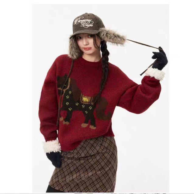 【马年吉祥】卡通小马有钱花套头针织上衣  D2375