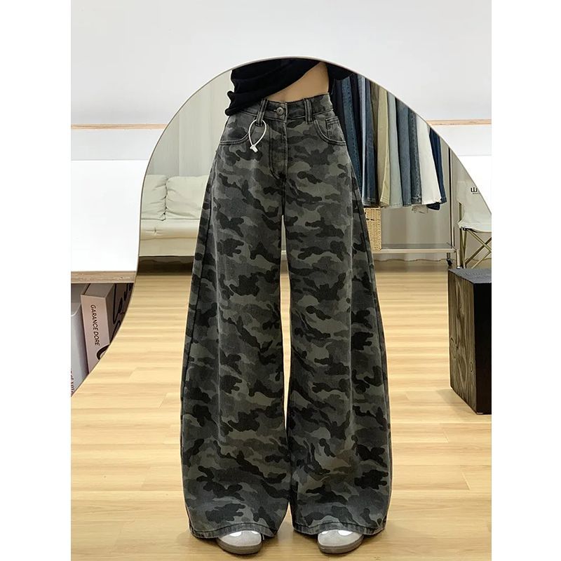 145小个子美式高街工装阔腿迷彩牛仔裤女高腰宽松垂感直筒拖地裤