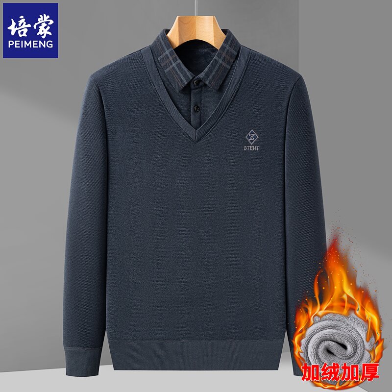 培蒙2025新款加绒加厚羊毛冬季保暖长袖套头套衫毛衣常规款衬衫领