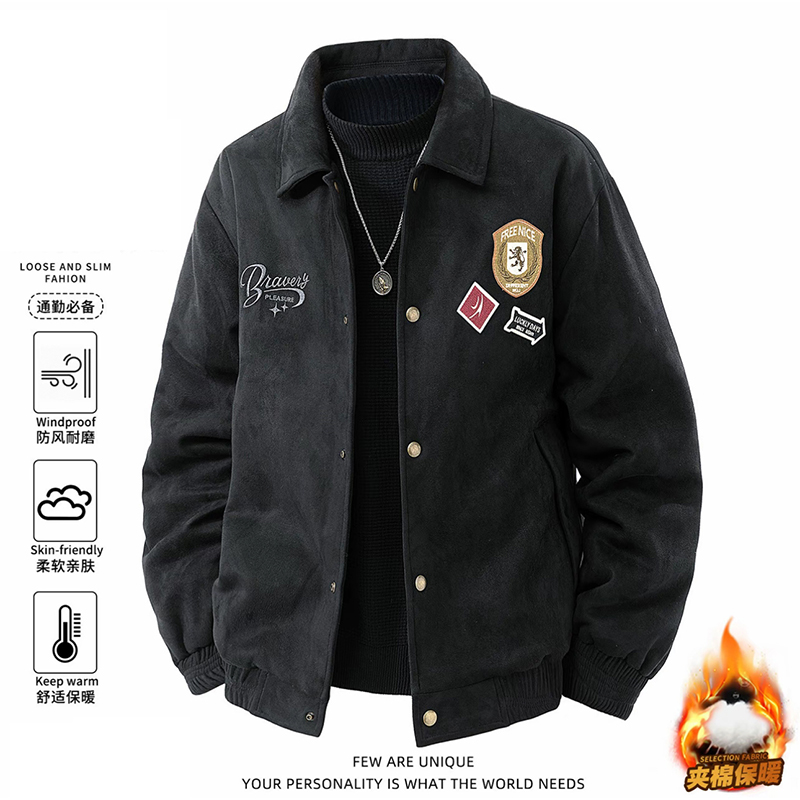 美式刺绣图标仿麂皮绒夹棉加厚棉服外套男女同款飞行休闲服65017