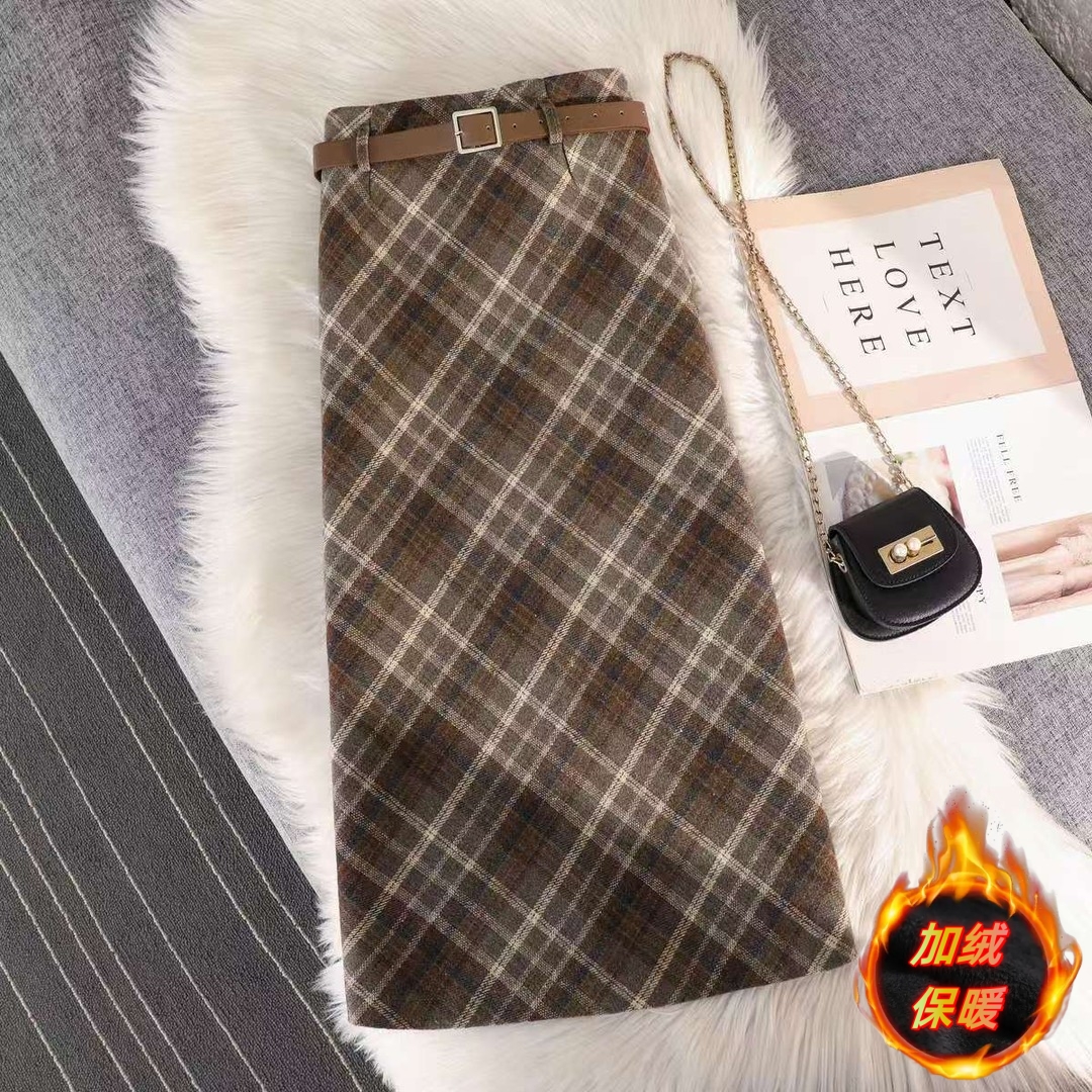 【加绒+运费险】百搭格子毛呢半身裙女秋冬包臀裙高腰显瘦开叉长裙