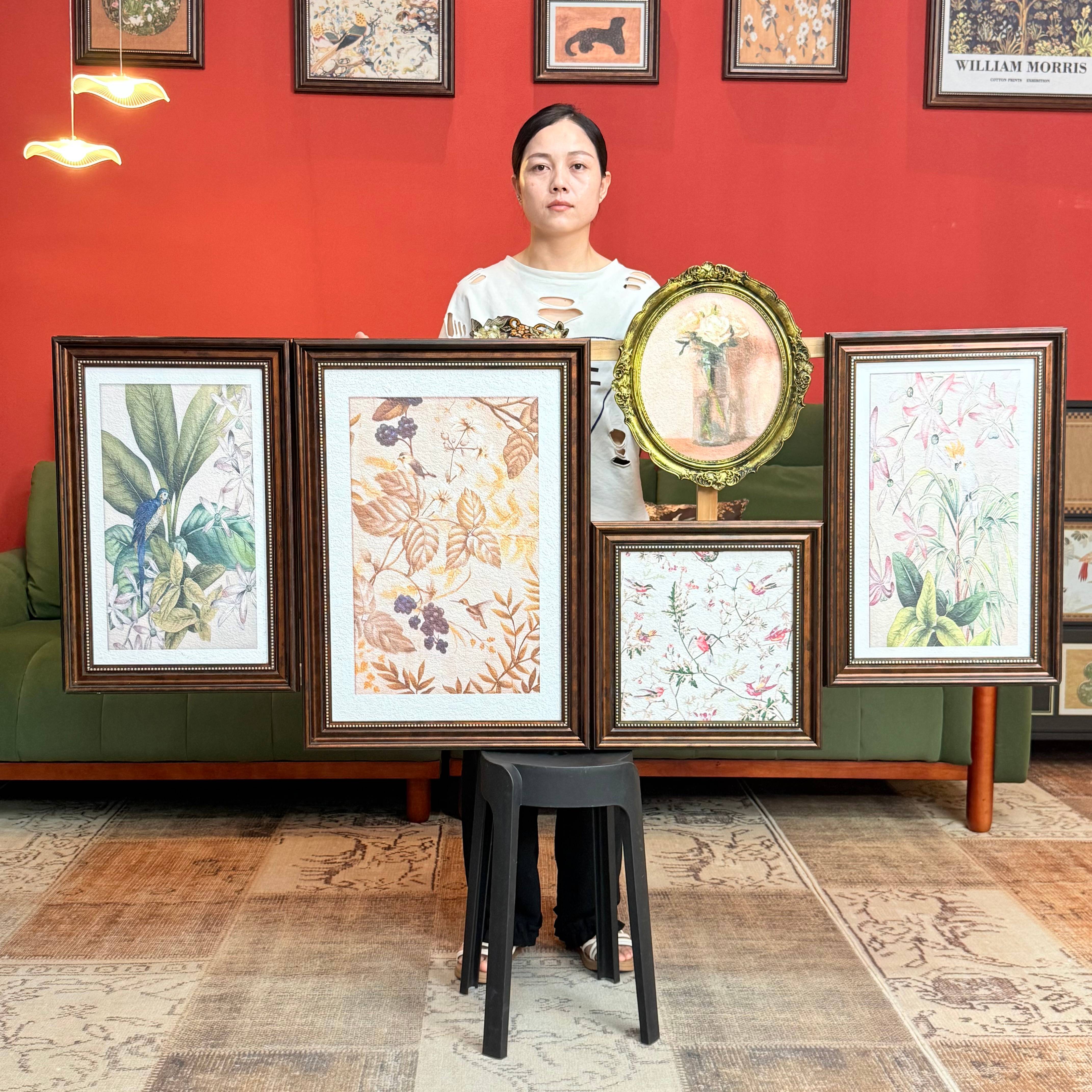 美式客厅装饰画沙发背景墙壁画R013大气现代田园花鸟带圆盘五联